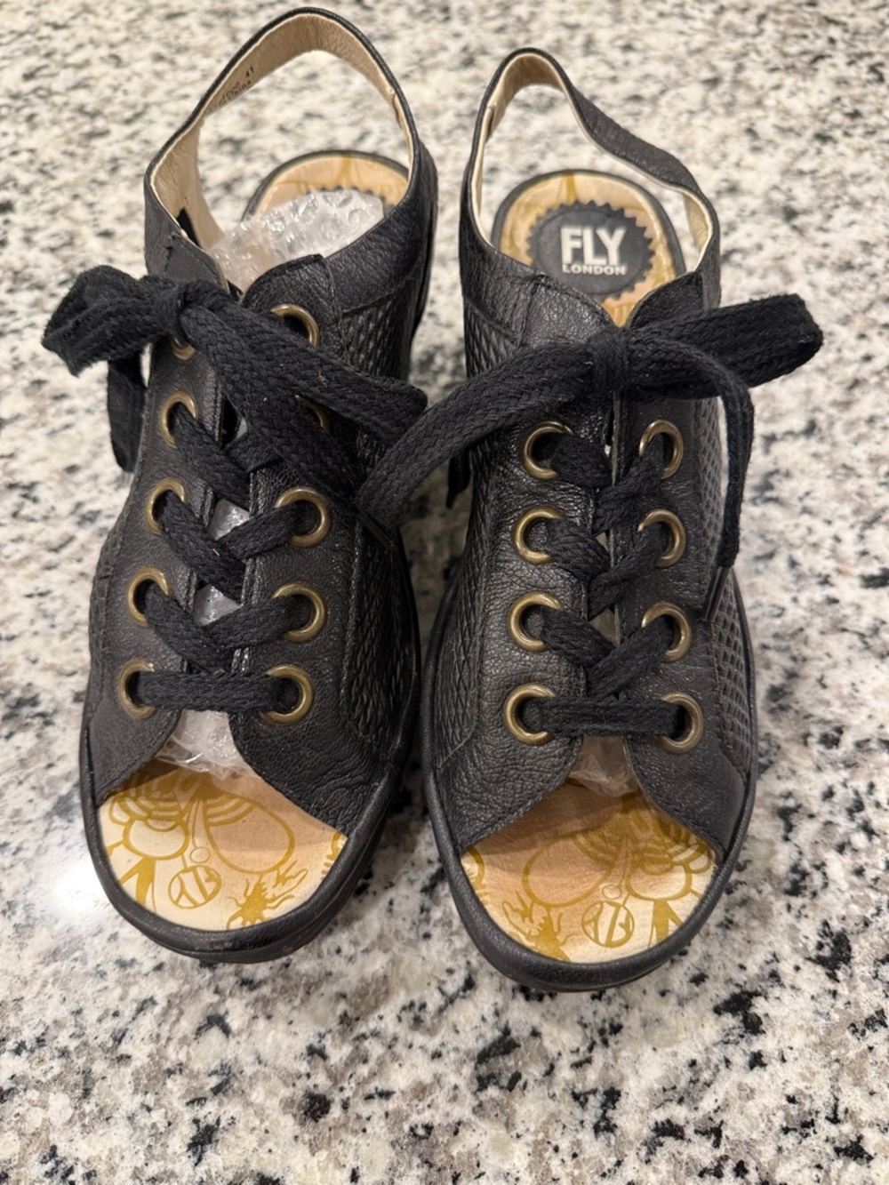 Fly London Kids Black Lace-Up Open-Toe Sandals with Gold Eyelets